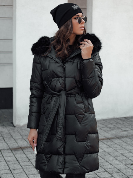 STYLISH dámska dlhá prešívaná zimná bunda s kožušinkou, čierna (ty4631)