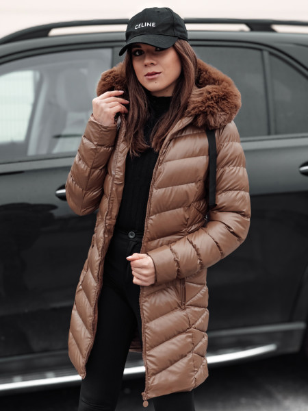 Dámska prešívaná zimná bunda s kapucňou CRYSTAL brown (ty4774)