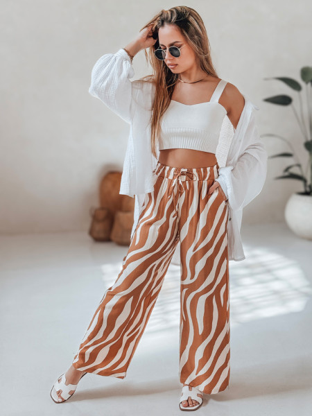 Dámske široké pruhované nohavice ZEBRAVIBE béžovej a ťavej (uy2655)