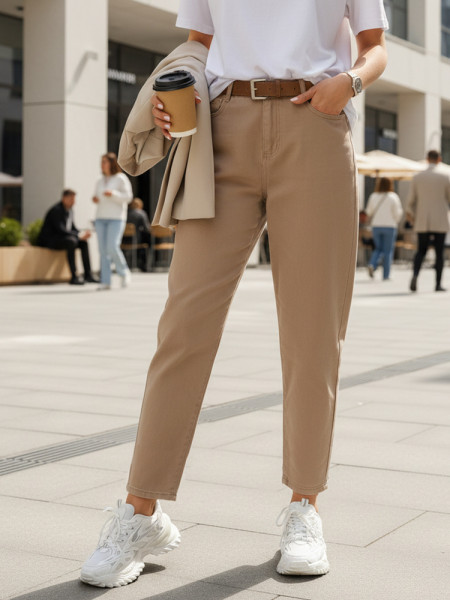 Dámske džínsy mom fit s opaskom, béžové (uy2880)