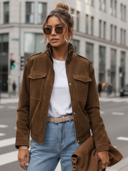 Dámska semišová bomber bunda v ťavej farbe (ty5578)