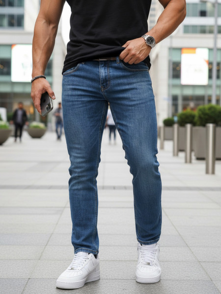 Pánske slim fit džínsy s opaskom, modré (ux4485)