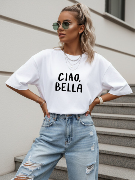 Dámske nadrozmerné tričko s potlačou Ciao Bella, biele (nx9002ry-wh-o)