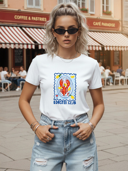 Dámske klasické tričko s potlačou Lobster Club, biele (nx8030ry-wh)