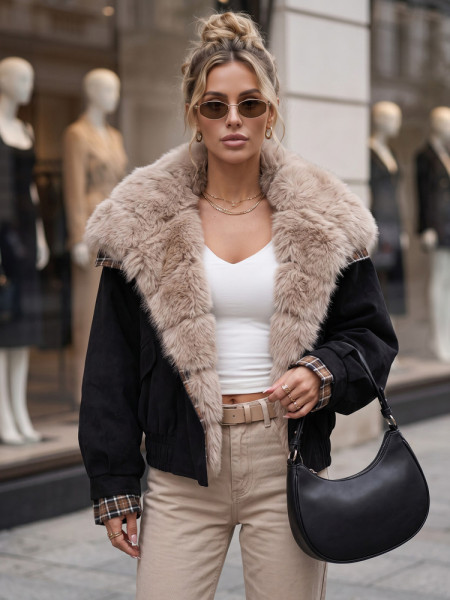 Dámska krátka semišová bunda s kožušinou, čierna (ty5842)