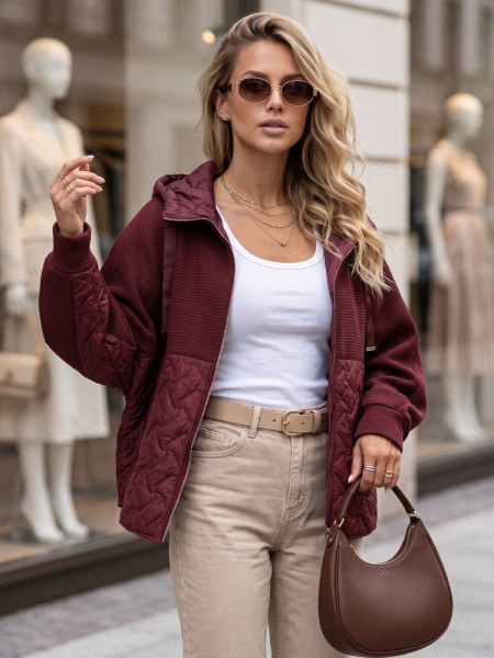 Dámska prechodná oversize bunda s kapucňou, bordová  (ty5916)