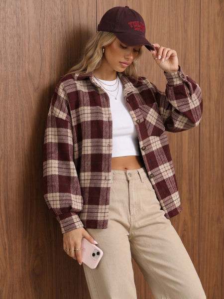 Dámska oversize bordová kockovaná košeľová bunda (ty6047)