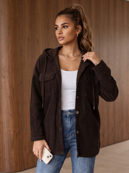 Dámska oversized manšestrová bunda s kapucňou, čokoládová (ty6050)