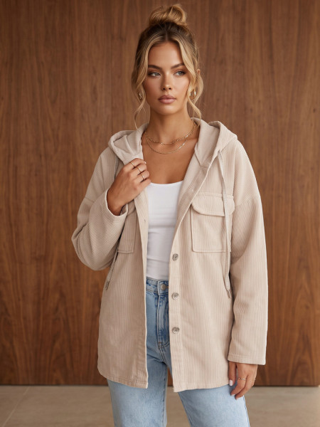 Dámska oversized manšestrová bunda s kapucňou, béžová (ty6051)