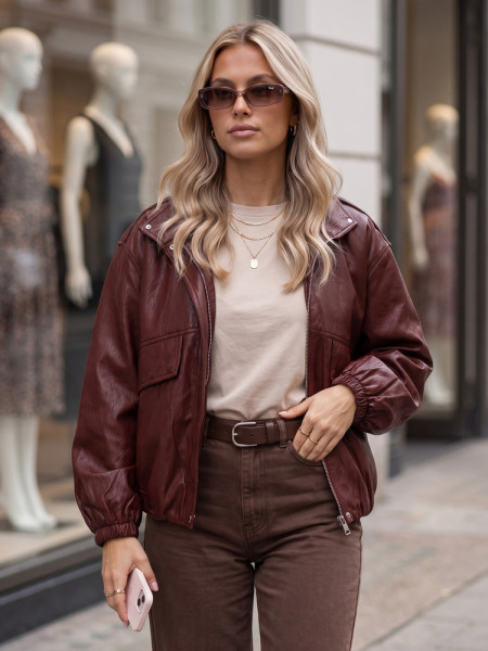 Dámska kožená bomber bunda, prechodná bordová (ty6069)