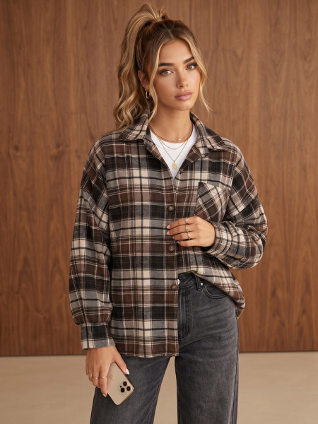 Dámska flanelová kockovaná košeľa oversized, hnedá (dy0501)