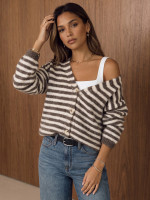 Dámsky oversized kardigan s fango-béžovými pruhmi (my2641)