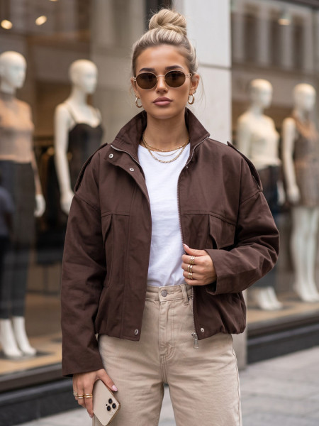 Dámska oversized prechodná bunda so stojačikom, čokoládová (ty6089)