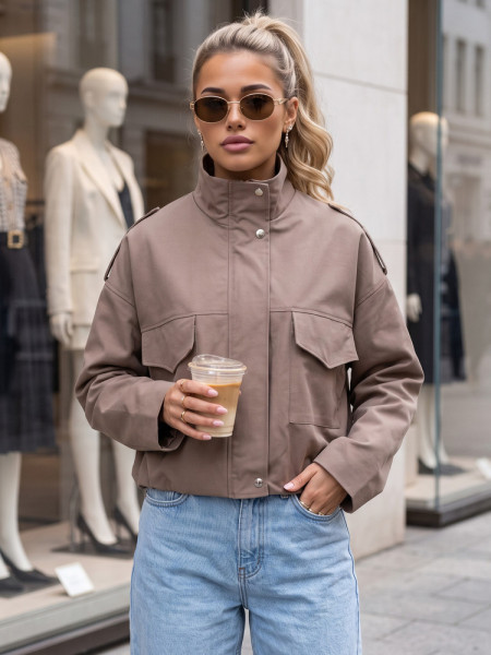 Dámska oversized prechodná bunda so stojačikom, béžová (ty6091)