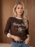 Dámsky sveter s potlačou Vintage Vibes, čokoládový (my2633)